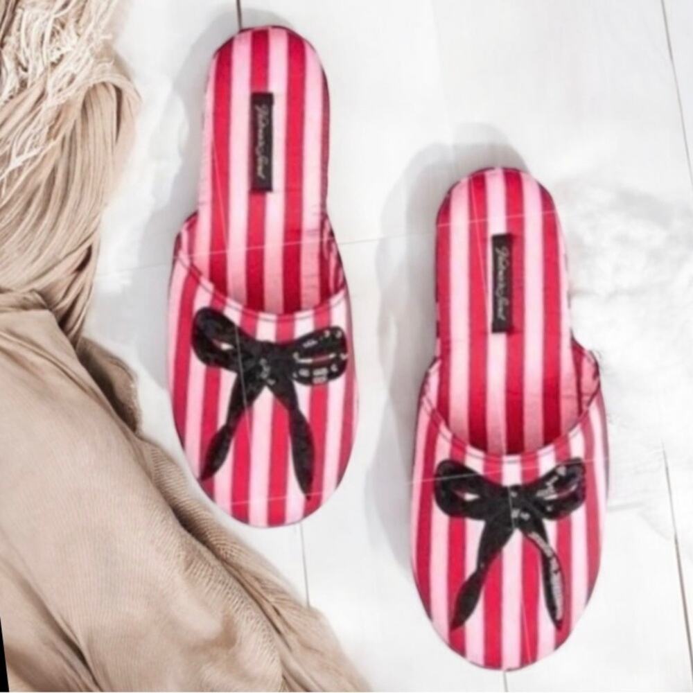 NEW VICTORIA’S SECRET Slippers Size 9 / Size 10 Striped Pink Red Dust Bag 206-16